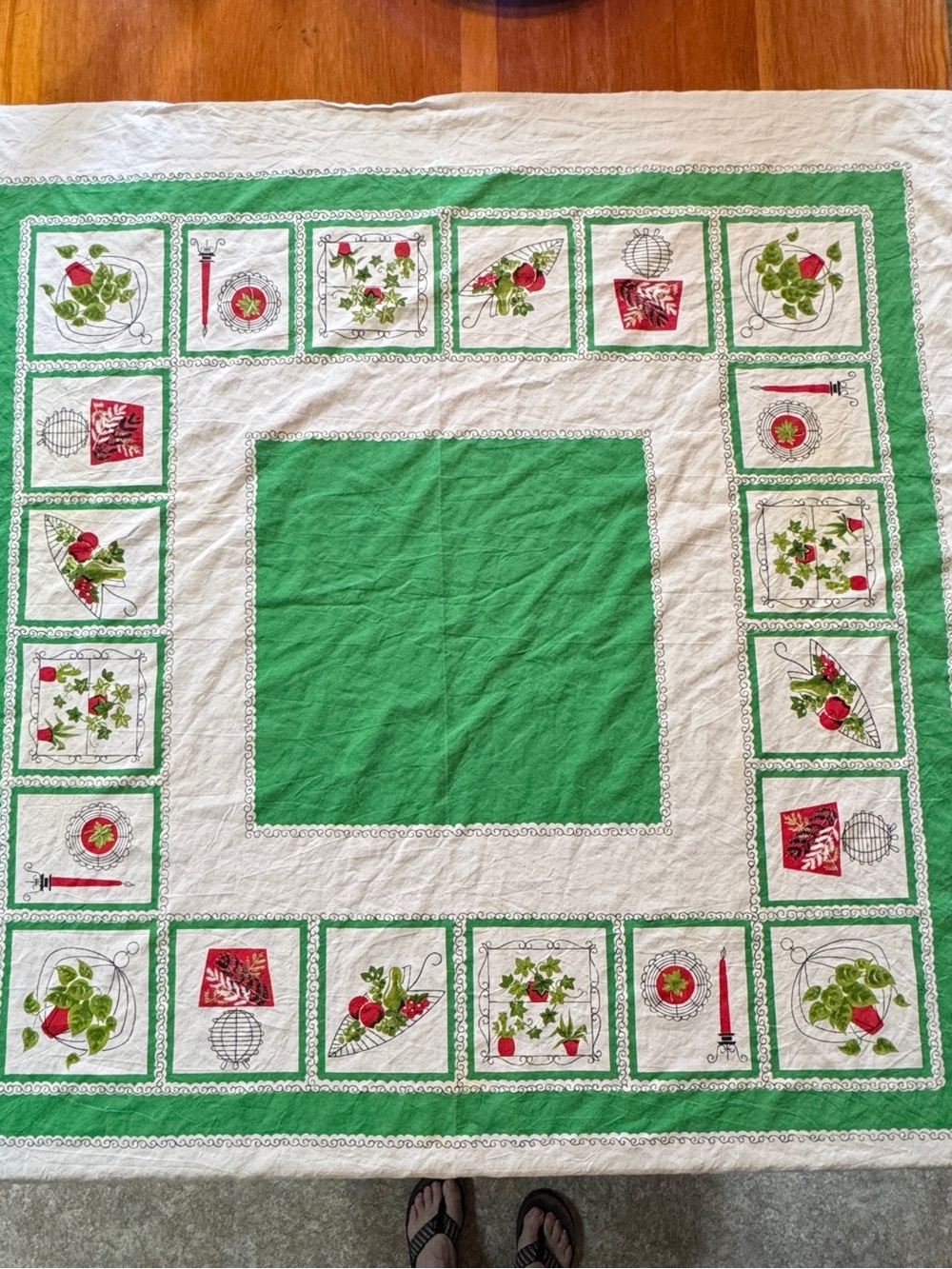 Green and White Botanical Tablecloth with Red Accents - Unbranded